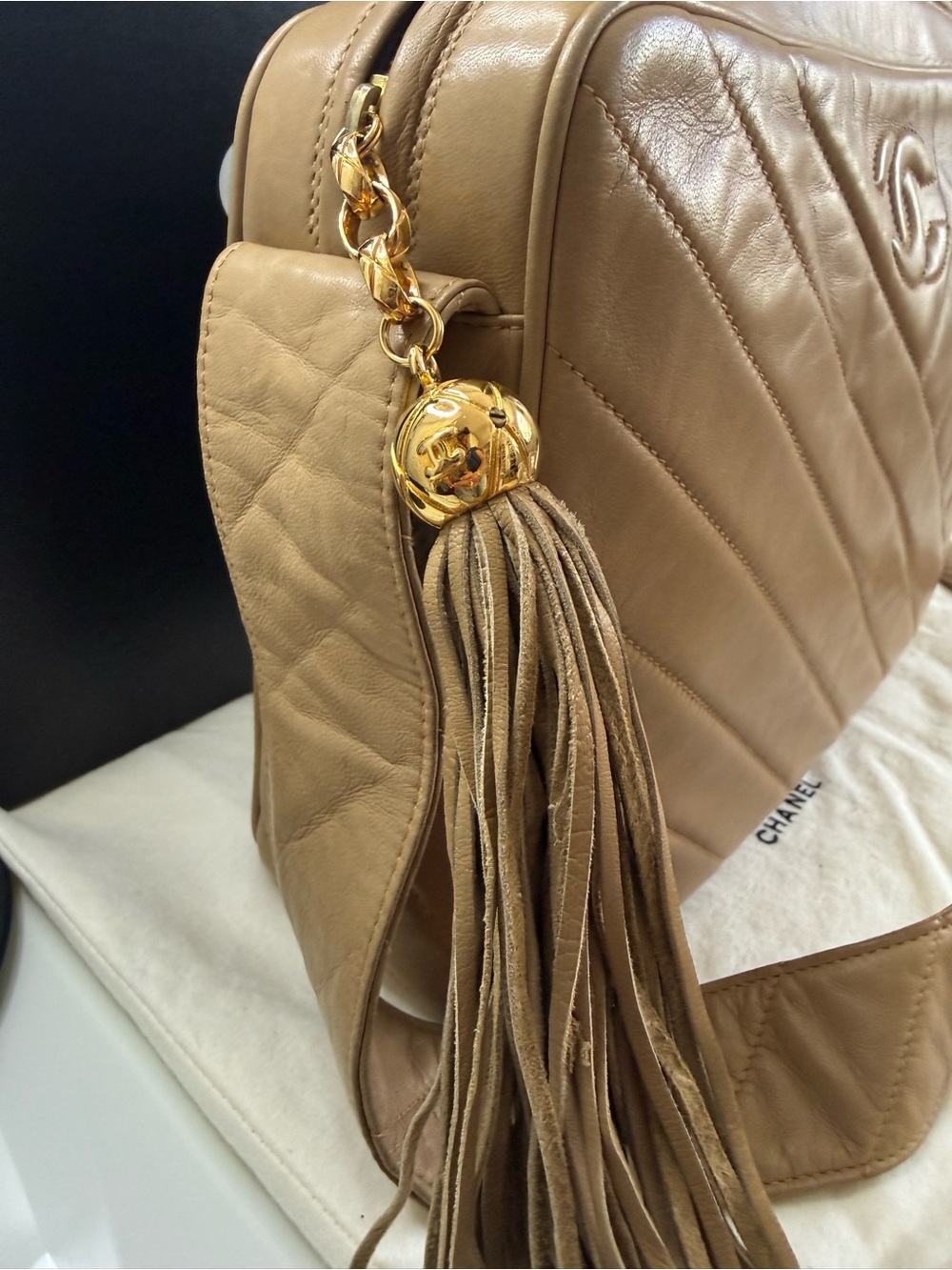 Chanel Vintage Beige Large Lambskin Camera Bag - Picture 6 of 15